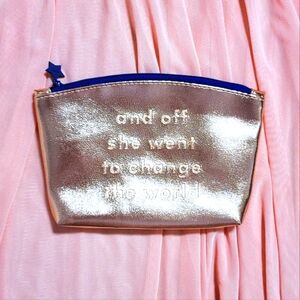 NEW Ipsy makeup bag; rose gold vinyl w/embossed quote; blue trim; rose lining